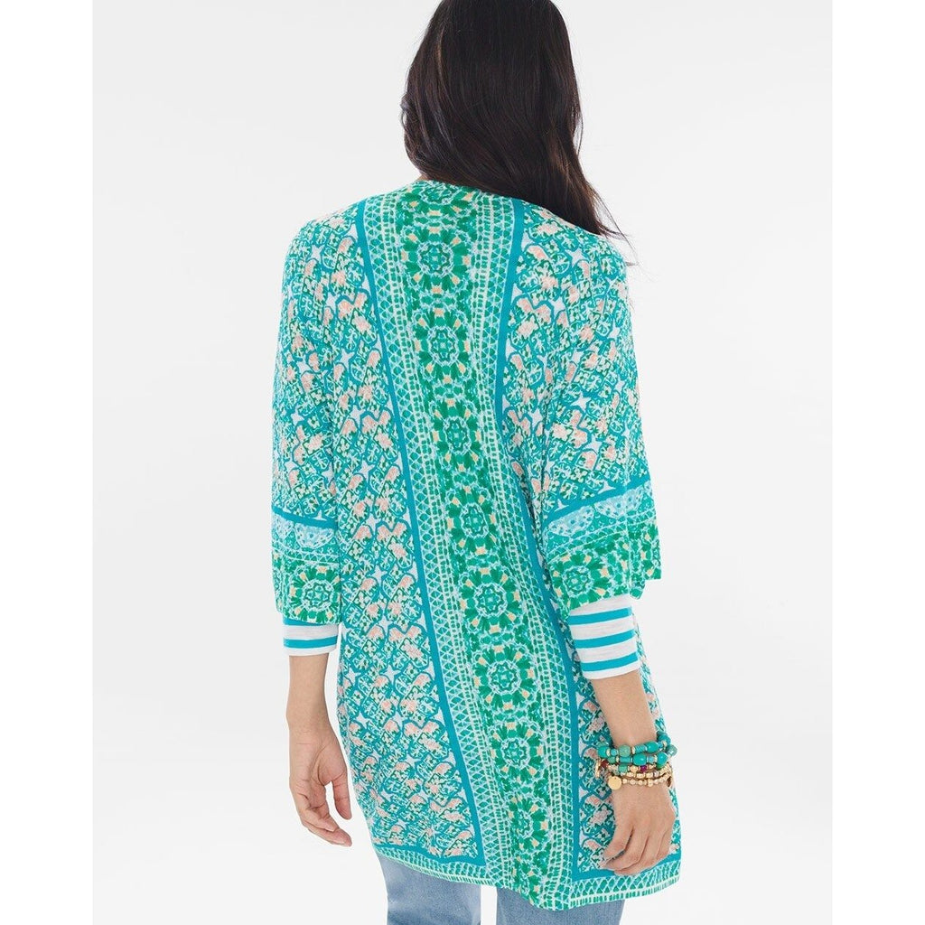 Chico's Green Tile Striped Cardigan Elbow Length Sleeves Women's Size 1