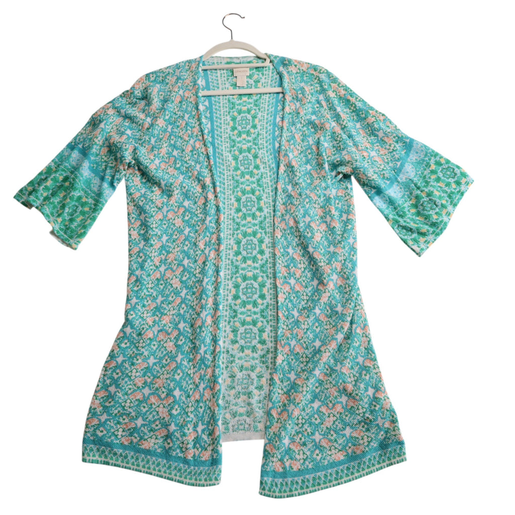 Chico's Green Tile Striped Cardigan Elbow Length Sleeves Women's Size 1