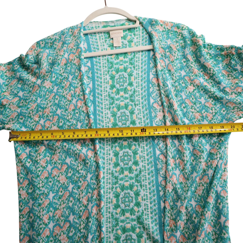 Chico's Green Tile Striped Cardigan Elbow Length Sleeves Women's Size 1