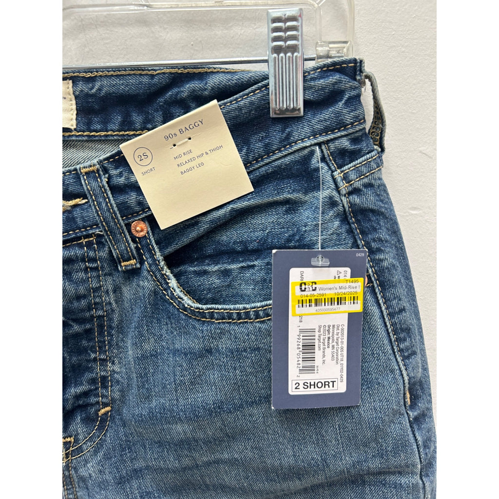 K-144 Universal Thread Womens Size 2 Short 90s Baggy Jeans Mid-Rise Relaxed Fit Dark Wash