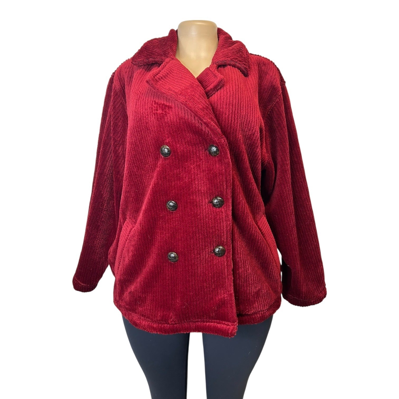TG-3 Liz Claiborne Red Corduroy Double Breasted Coat Textured