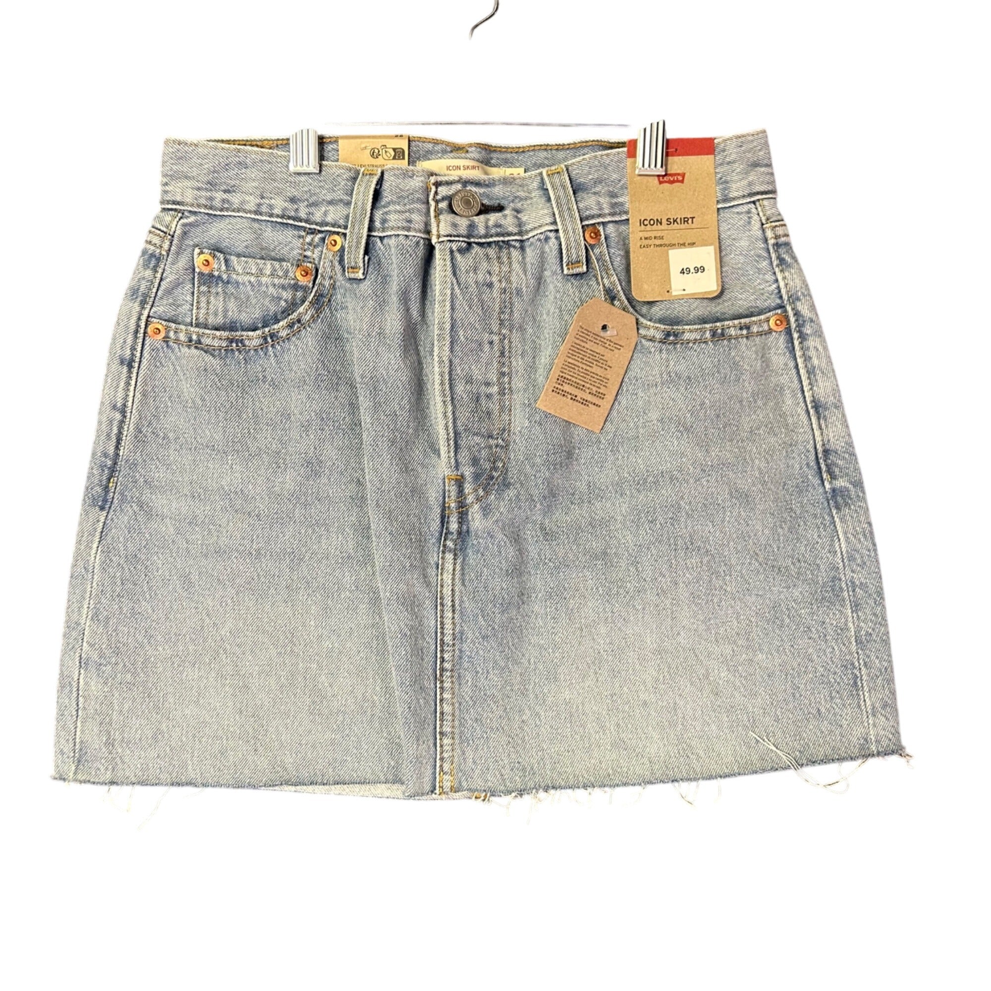 K-306 Levis Womens Icon Denim Skirt Mid-Rise Light Wash Raw Hem Size 26