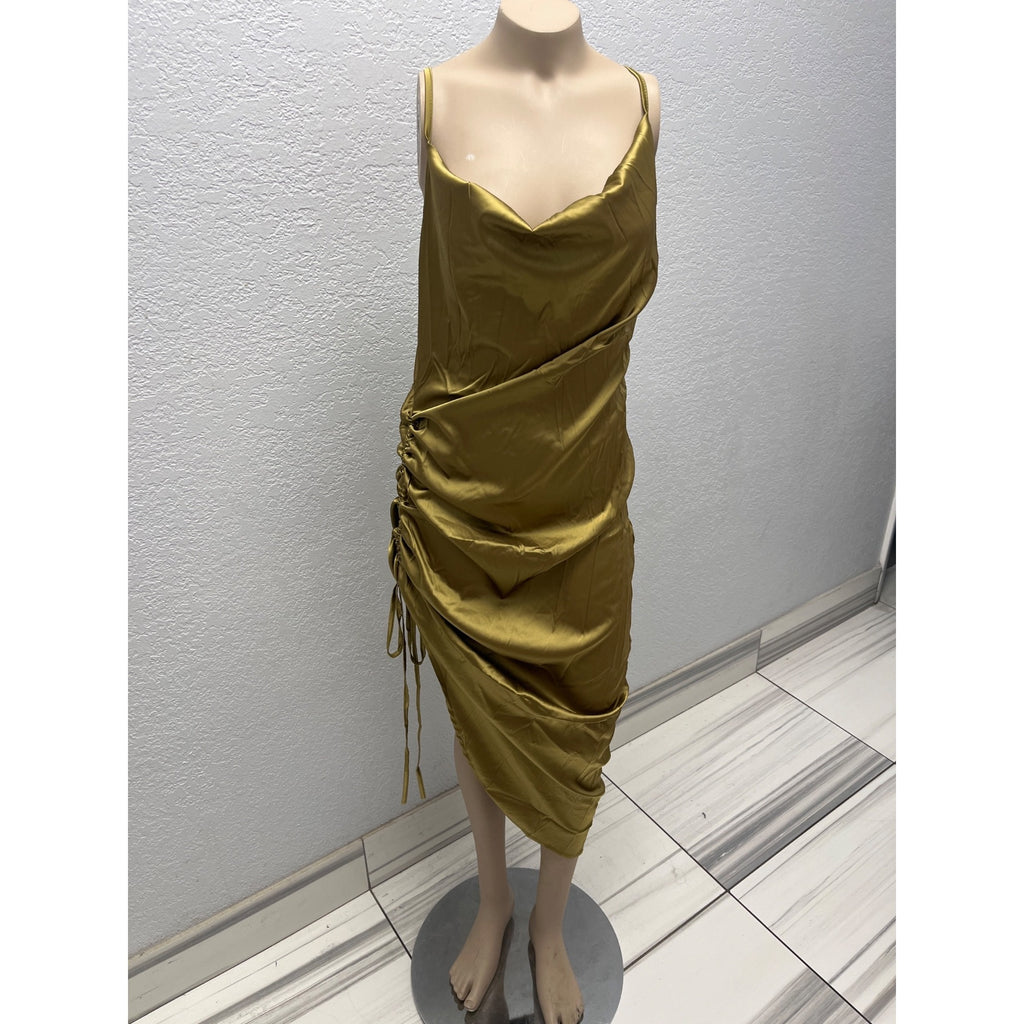 #1112 Lyaner Size L Olive Green Satin Ruched Cowl Neck Midi Dress