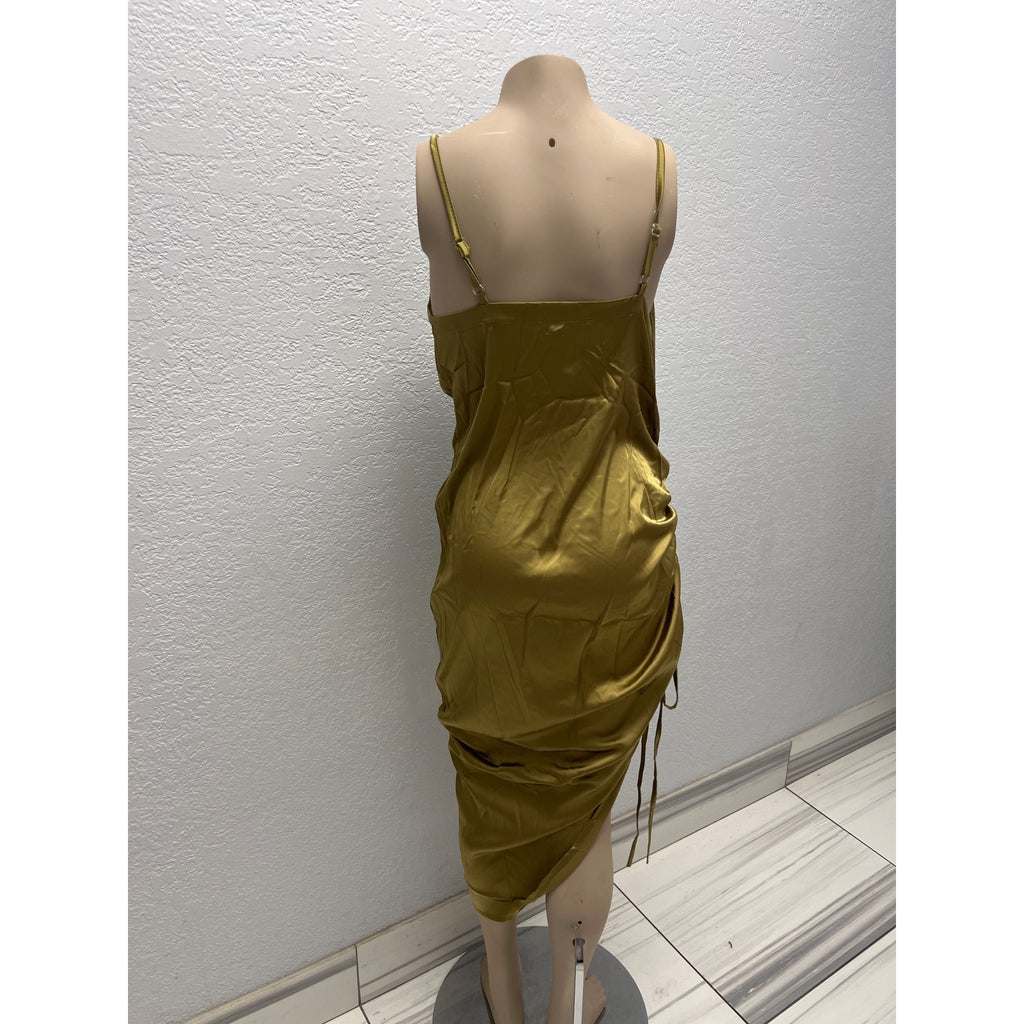 #1112 Lyaner Size L Olive Green Satin Ruched Cowl Neck Midi Dress