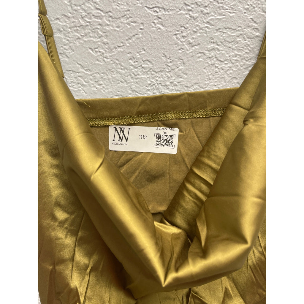 #1112 Lyaner Size L Olive Green Satin Ruched Cowl Neck Midi Dress