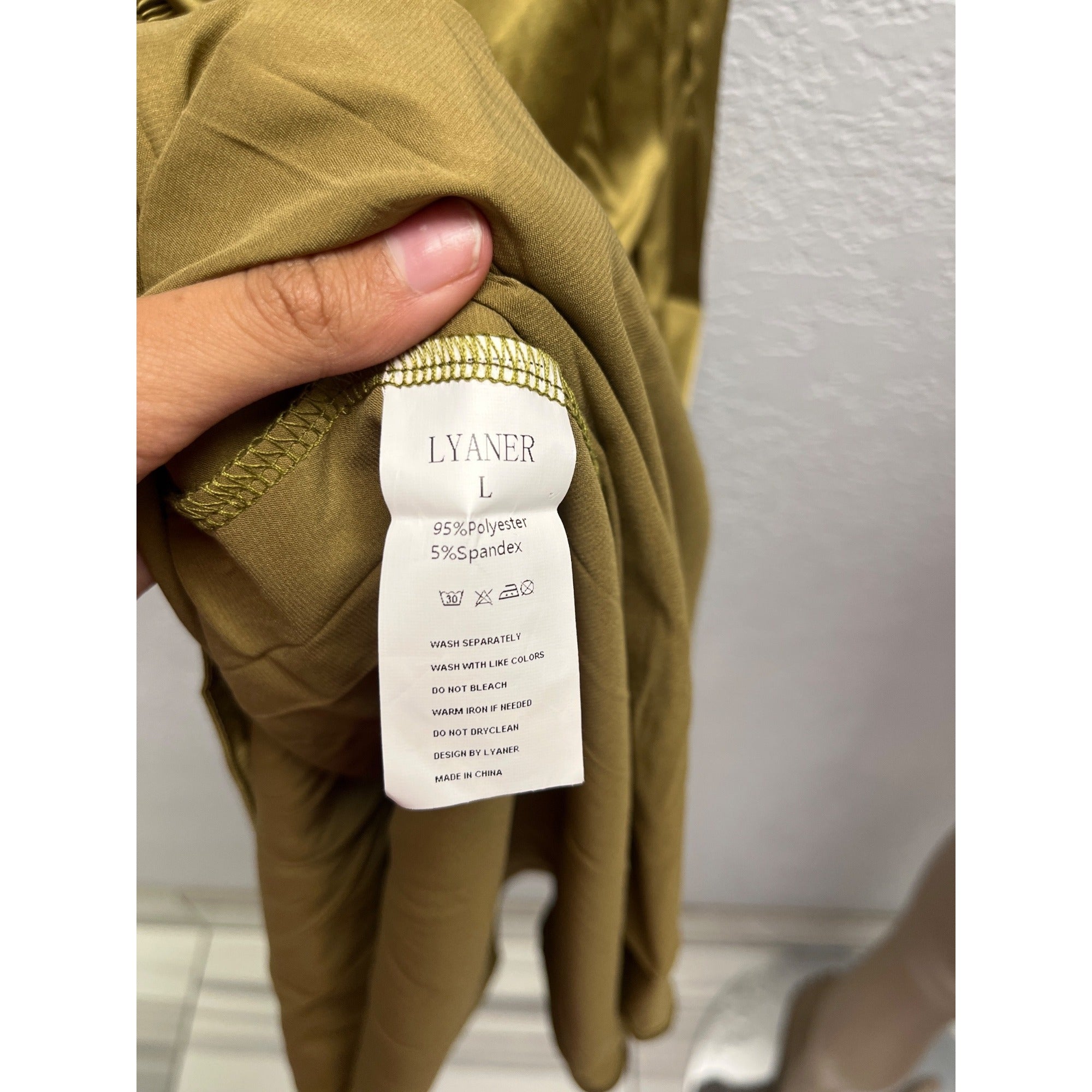 #1112 Lyaner Size L Olive Green Satin Ruched Cowl Neck Midi Dress