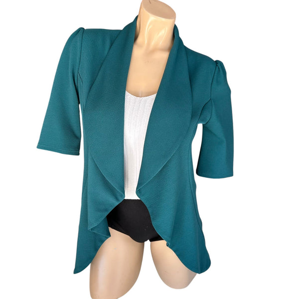 Teal Moa Women’s Size Medium Open Front Cardigan With 3/4 Sleeves & Draped Lapel