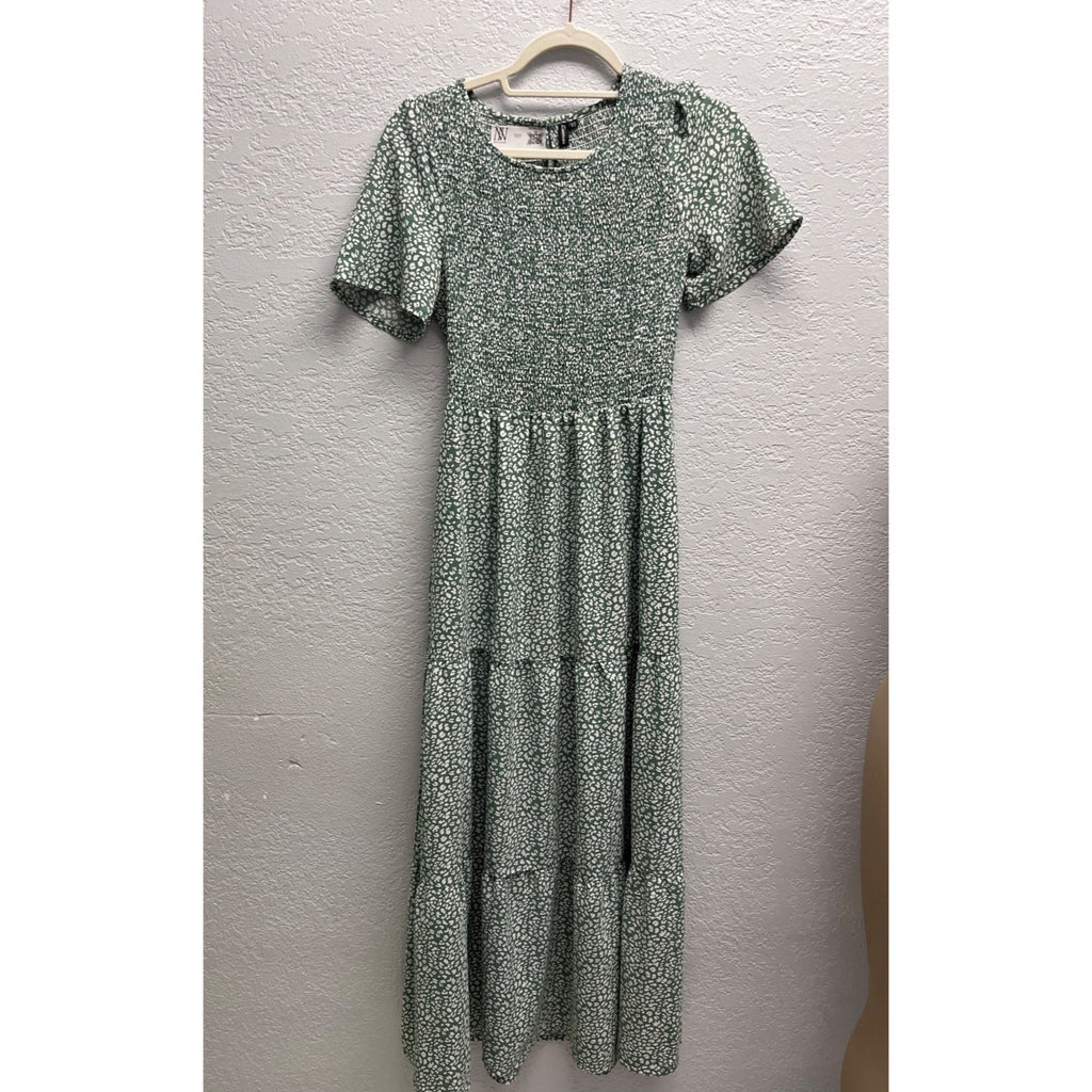 #1127 Zattcas XS Sage Green Floral Smocked Tiered Maxi Dress