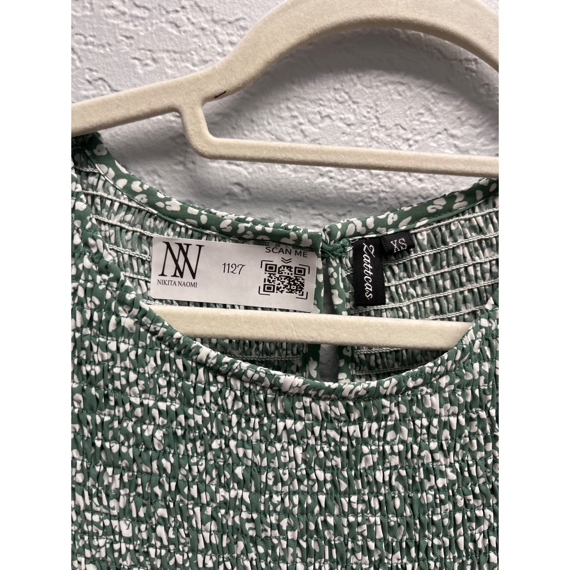 #1127 Zattcas XS Sage Green Floral Smocked Tiered Maxi Dress