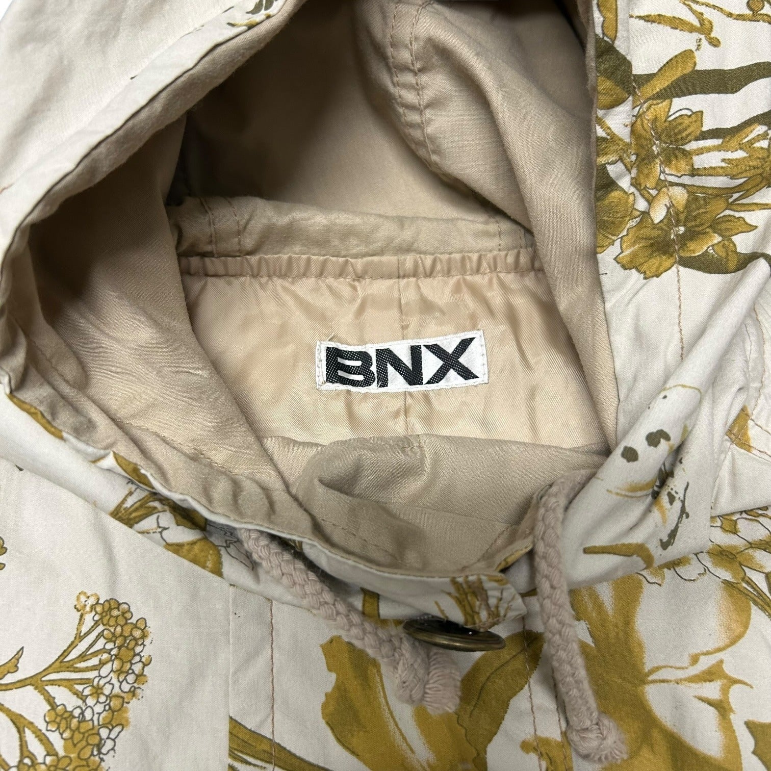 TG-15 BNX Women’s Floral Hooded Jacket Beige Adjustable Waist Outerwear Size Medium