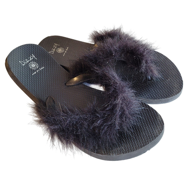 Dizzy Black Faux Fur Flip Flops Sandals Women's Size Medium (6.5-7.5)