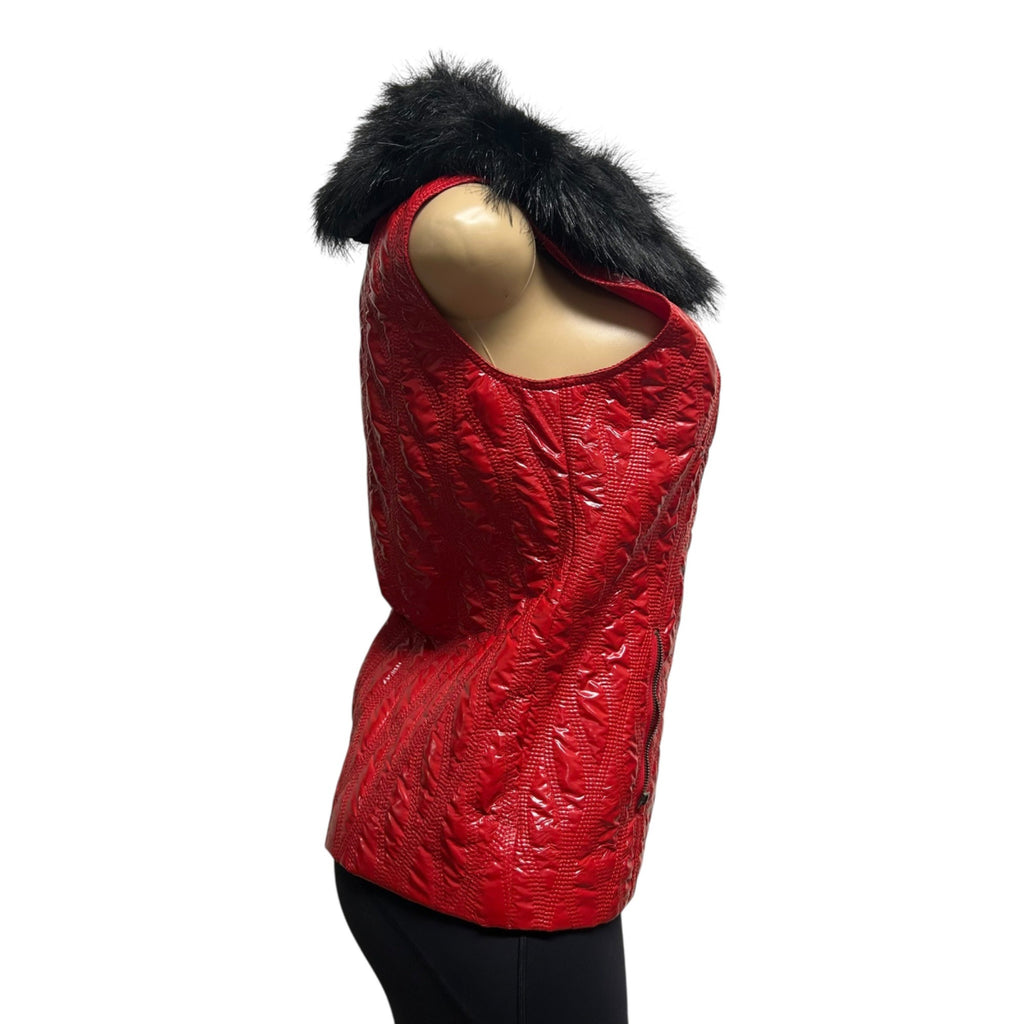 TG-20 G.G. Pink Size Medium Red Quilted Puffer Vest With Black Faux Fur Collar