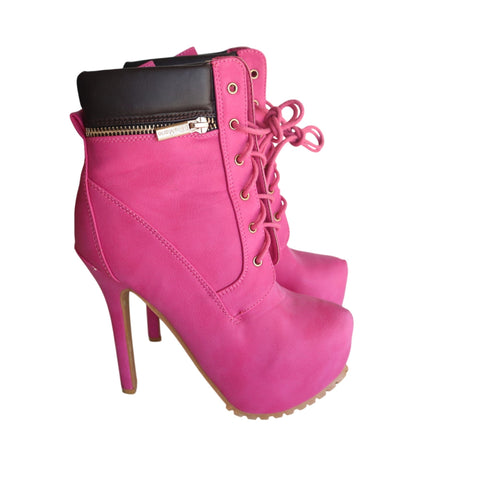 Bella Marie Womens Pink Lace-Up High Heel Ankle Boots With Zipper Size 6.5