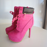 Bella Marie Womens Pink Lace-Up High Heel Ankle Boots With Zipper Size 6.5