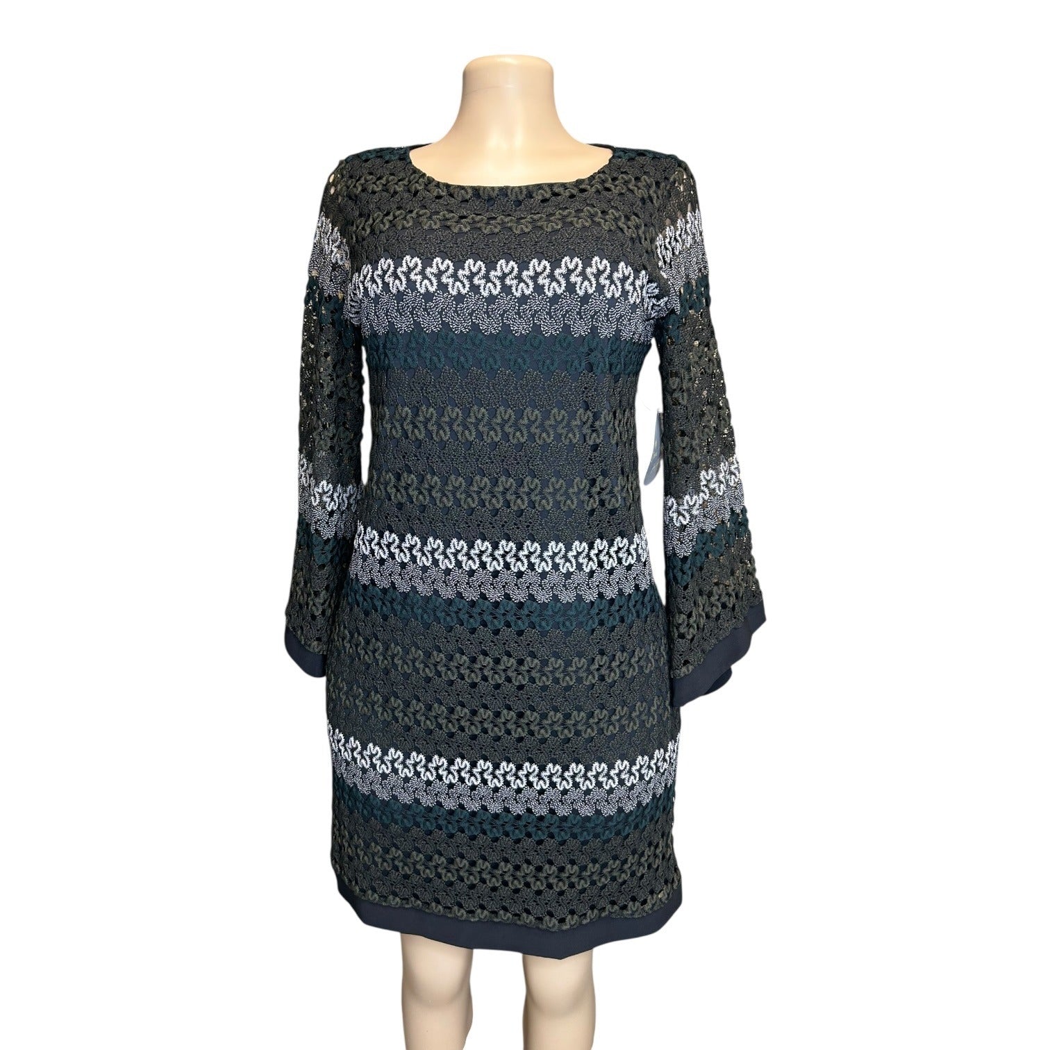 K-137 Emma & Michele Women's Medium Striped Crochet Overlay Dress W/ Bell Sleeves