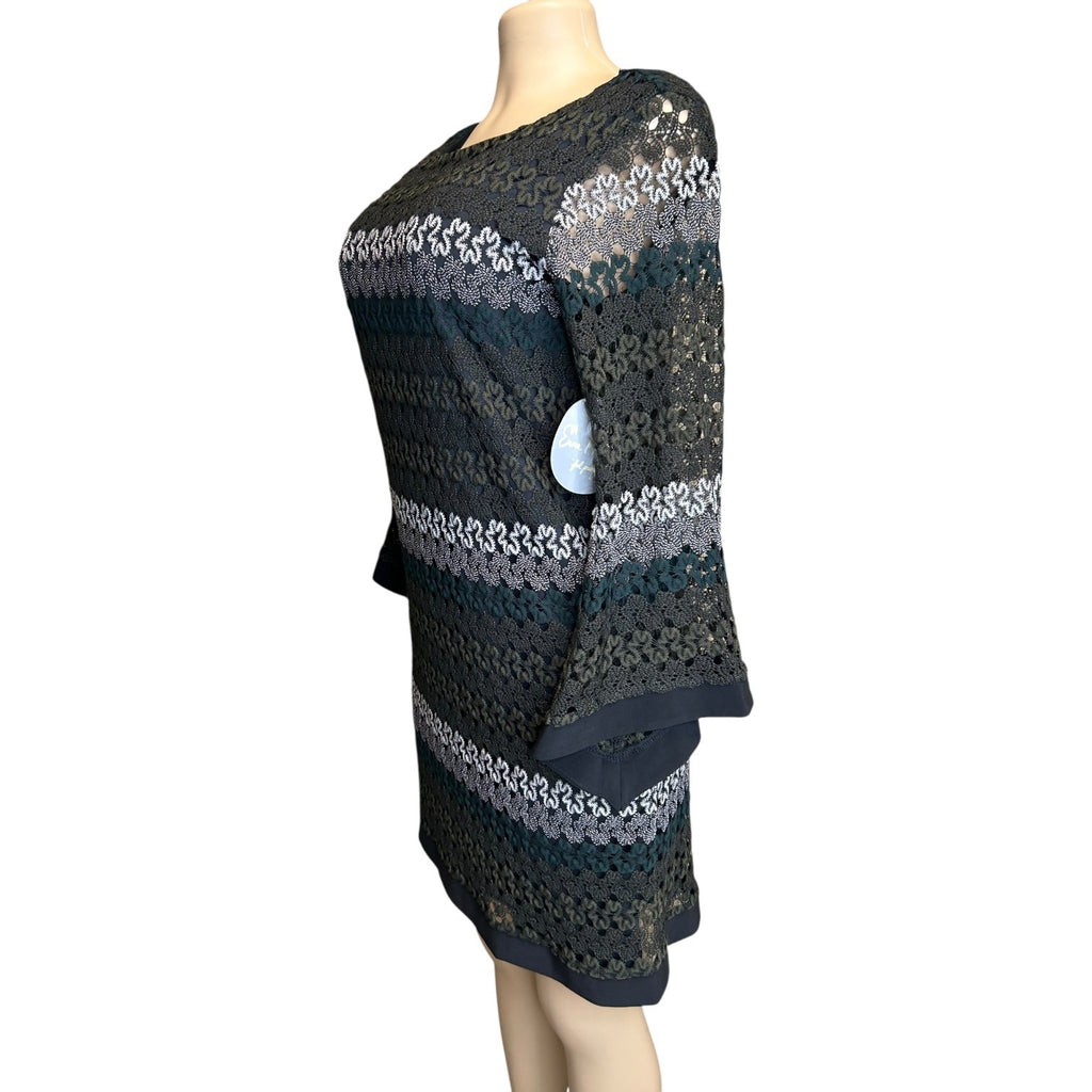 K-137 Emma & Michele Women's Medium Striped Crochet Overlay Dress W/ Bell Sleeves