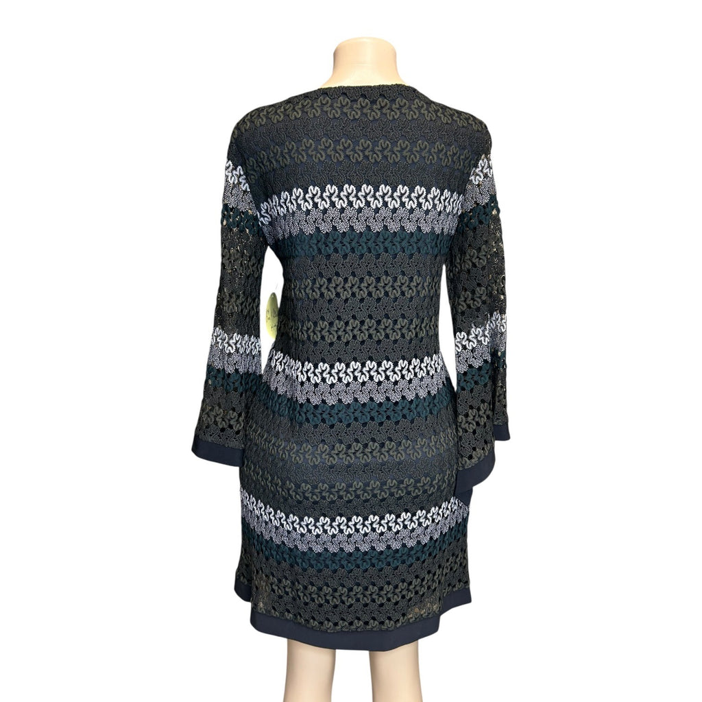 K-137 Emma & Michele Women's Medium Striped Crochet Overlay Dress W/ Bell Sleeves