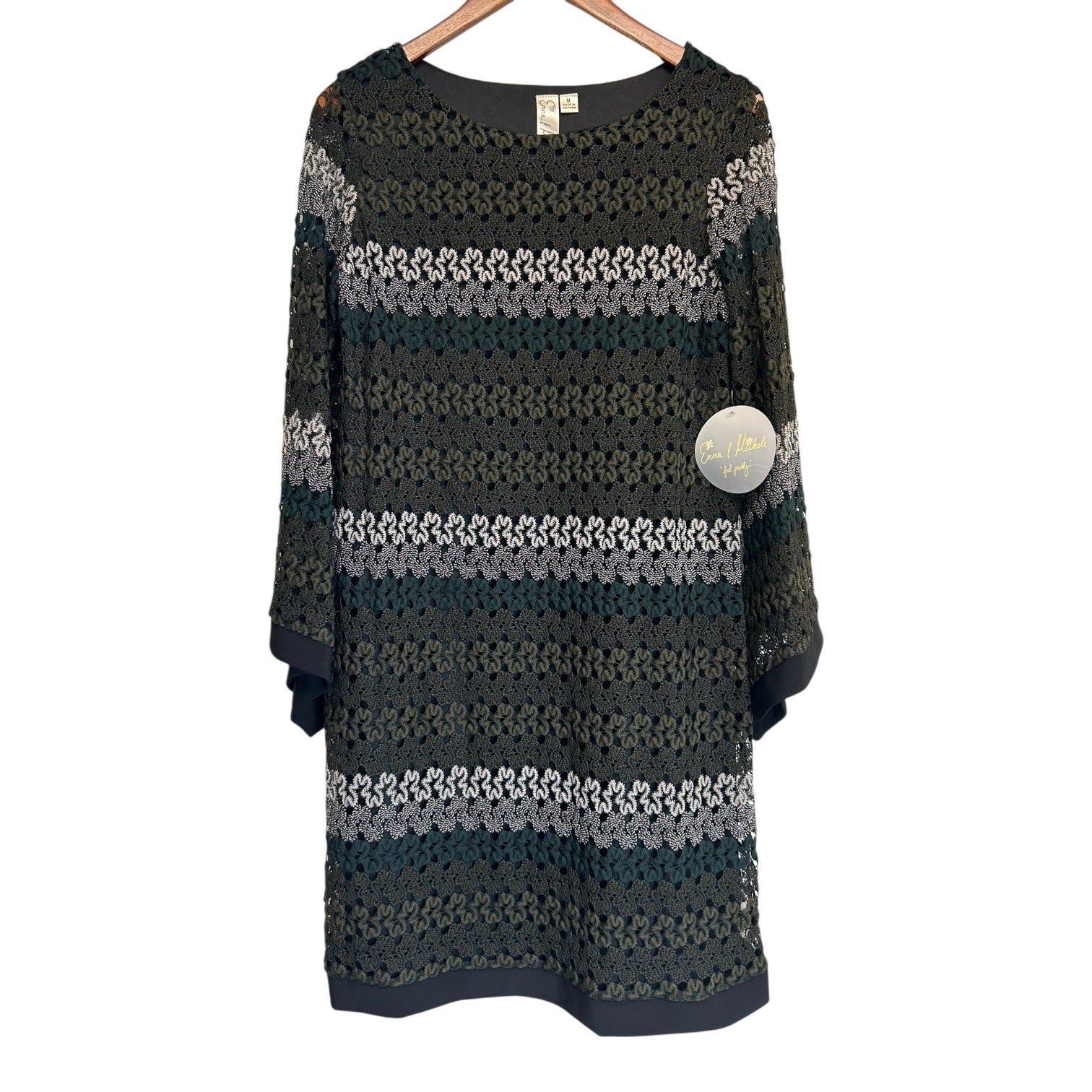 K-137 Emma & Michele Women's Medium Striped Crochet Overlay Dress W/ Bell Sleeves