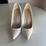 Shoe Dazzle "Esperanza" Glam Pumps White Gold Closed Pointed Toes Heels Size 6.5