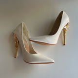 Shoe Dazzle "Esperanza" Glam Pumps White Gold Closed Pointed Toes Heels Size 6.5