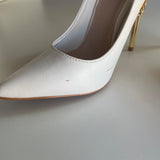 Shoe Dazzle "Esperanza" Glam Pumps White Gold Closed Pointed Toes Heels Size 6.5