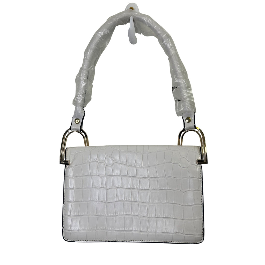 White Croc-Embossed Shoulder Bag w/ Gold-Tone Horseshoe Hardware