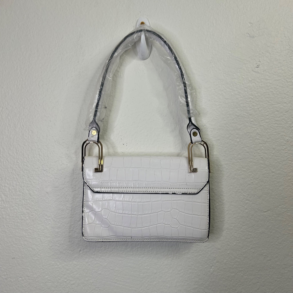 White Croc-Embossed Shoulder Bag w/ Gold-Tone Horseshoe Hardware
