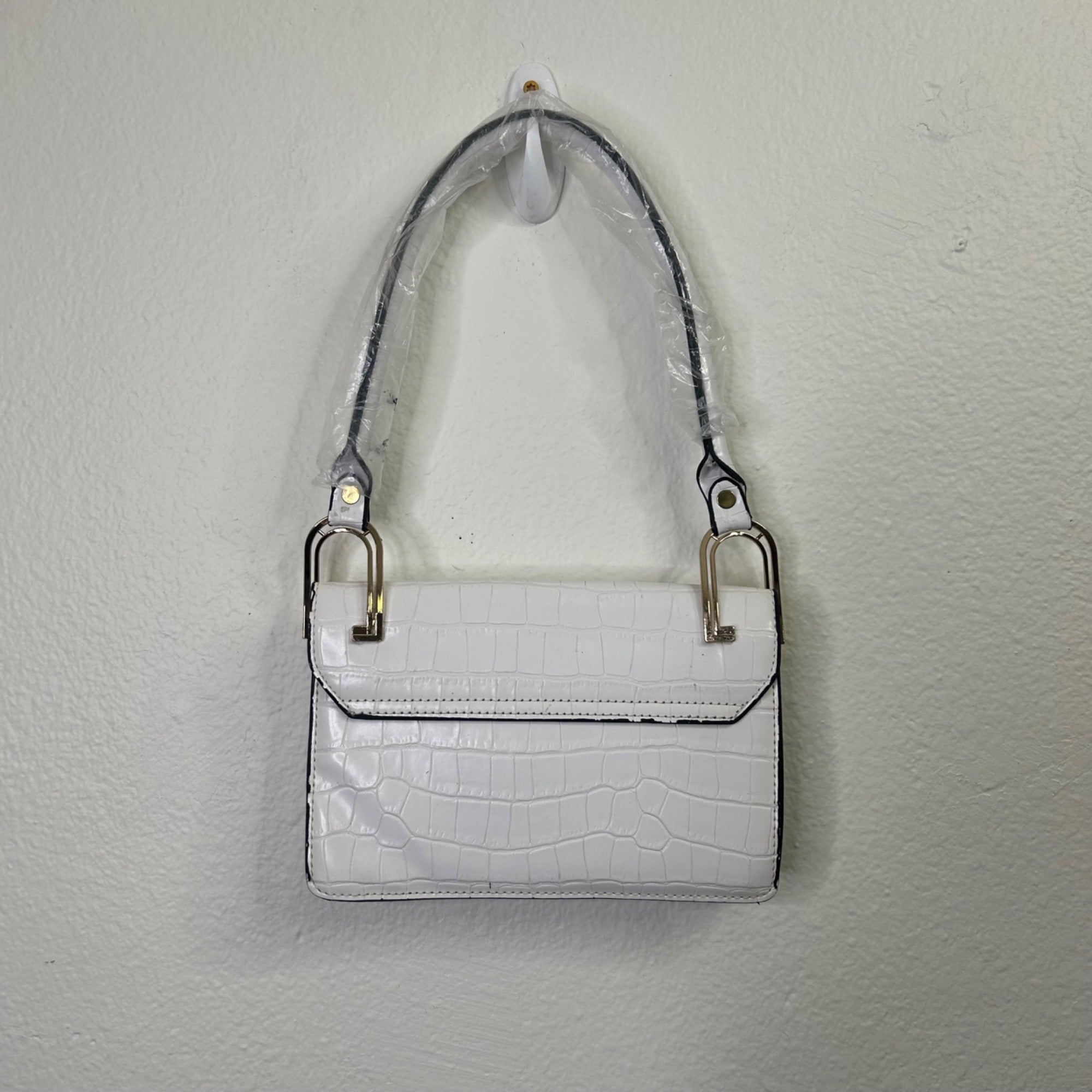 White Croc-Embossed Shoulder Bag w/ Gold-Tone Horseshoe Hardware