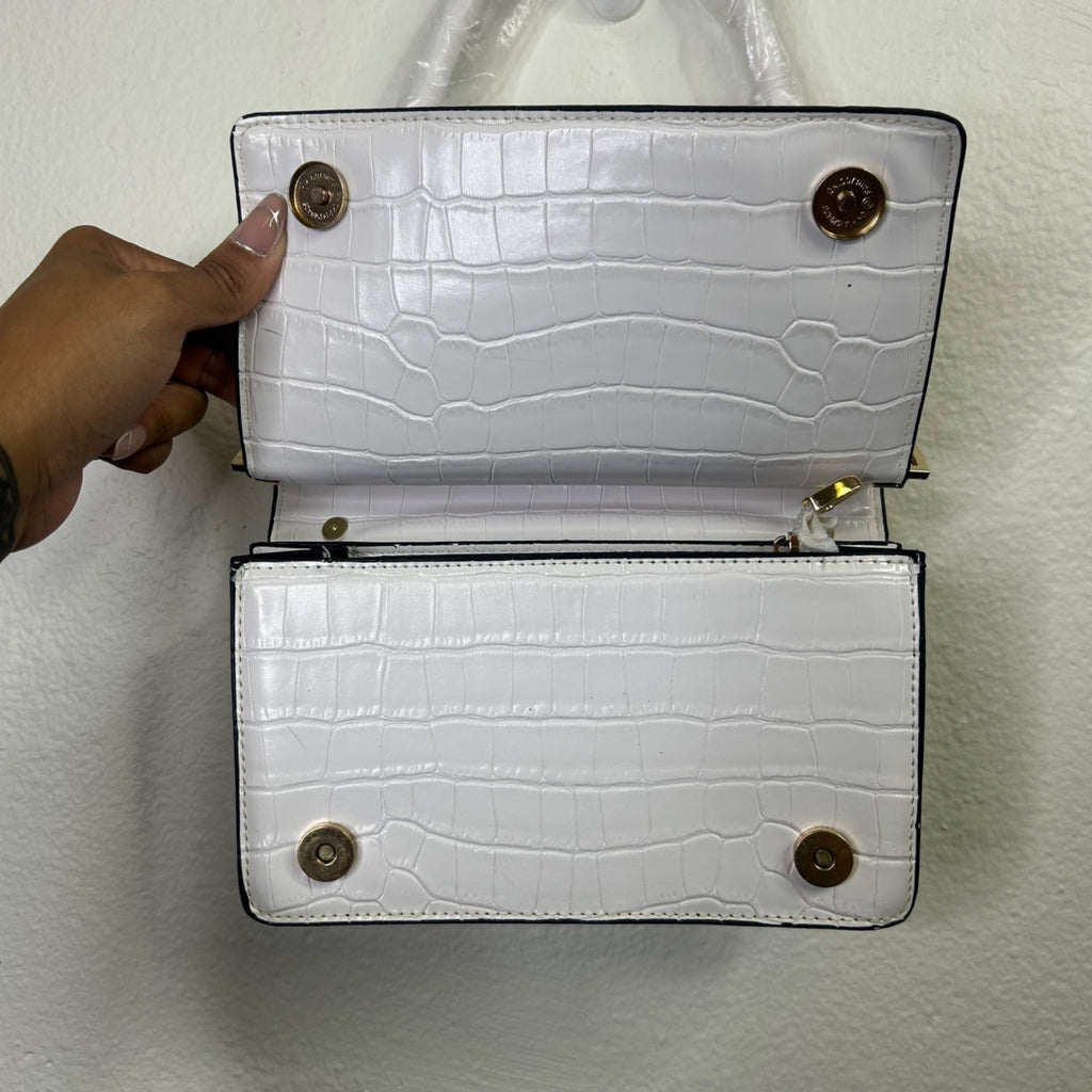 White Croc-Embossed Shoulder Bag w/ Gold-Tone Horseshoe Hardware
