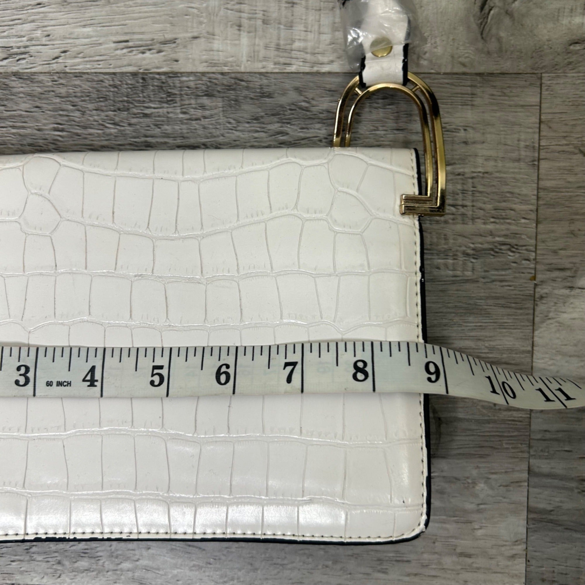 White Croc-Embossed Shoulder Bag w/ Gold-Tone Horseshoe Hardware