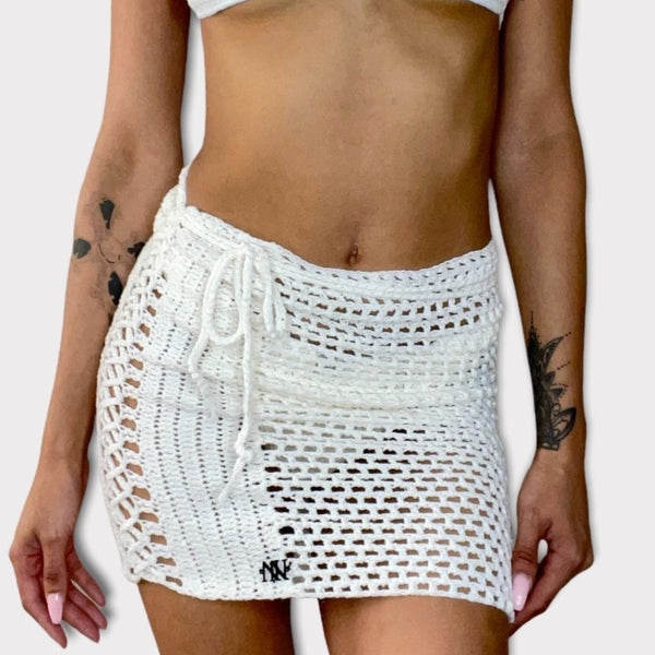 Nikita Naomi Handmade Beachwear Crochet Fishnet Cover Up Skirt- White, Small