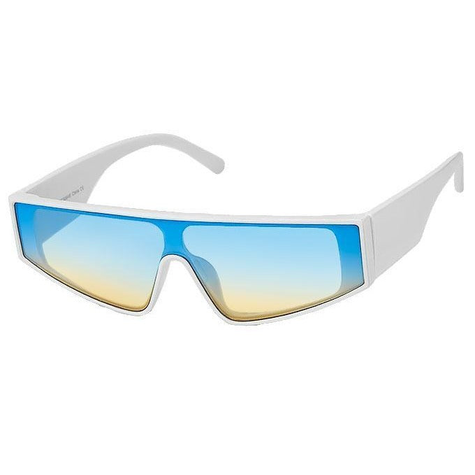 Futuristic Kim Slim Flat Top Single Shield Sunglasses White Frames w/ Blue Lens