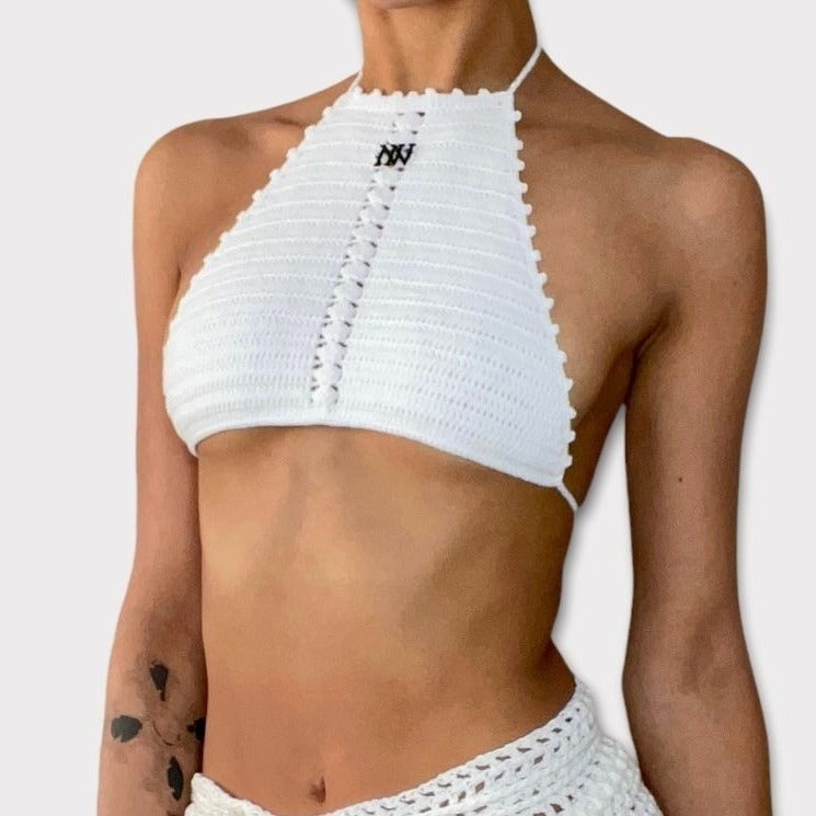 Nikita Naomi Handmade White Crochet Halter Crop Top- Small