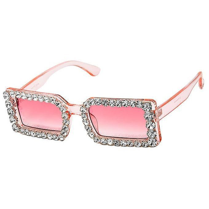 Look at Me Now Slim Rectangular Sunglasses w/ Rhinestones on Pink Frames & Lens