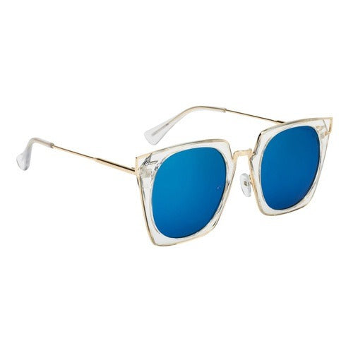 SQUARE KAT RETRO Retro Mirrored Sunglasses, Clear Frame and Blue Lens