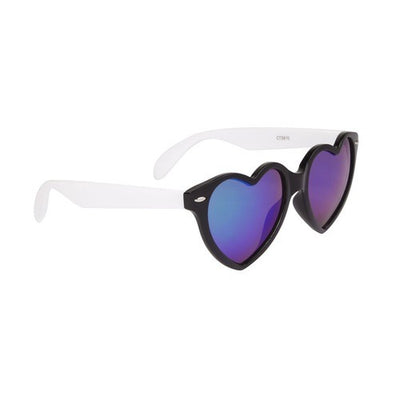 WILD LOVE Heart Shaped Sunglasses BLACK/WHITE Frame with BLUE Mirrored Lens