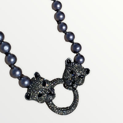 Women's Gray Pearl Necklace with Dual Rhinestone Filled Shiny Bling Cheetah Head