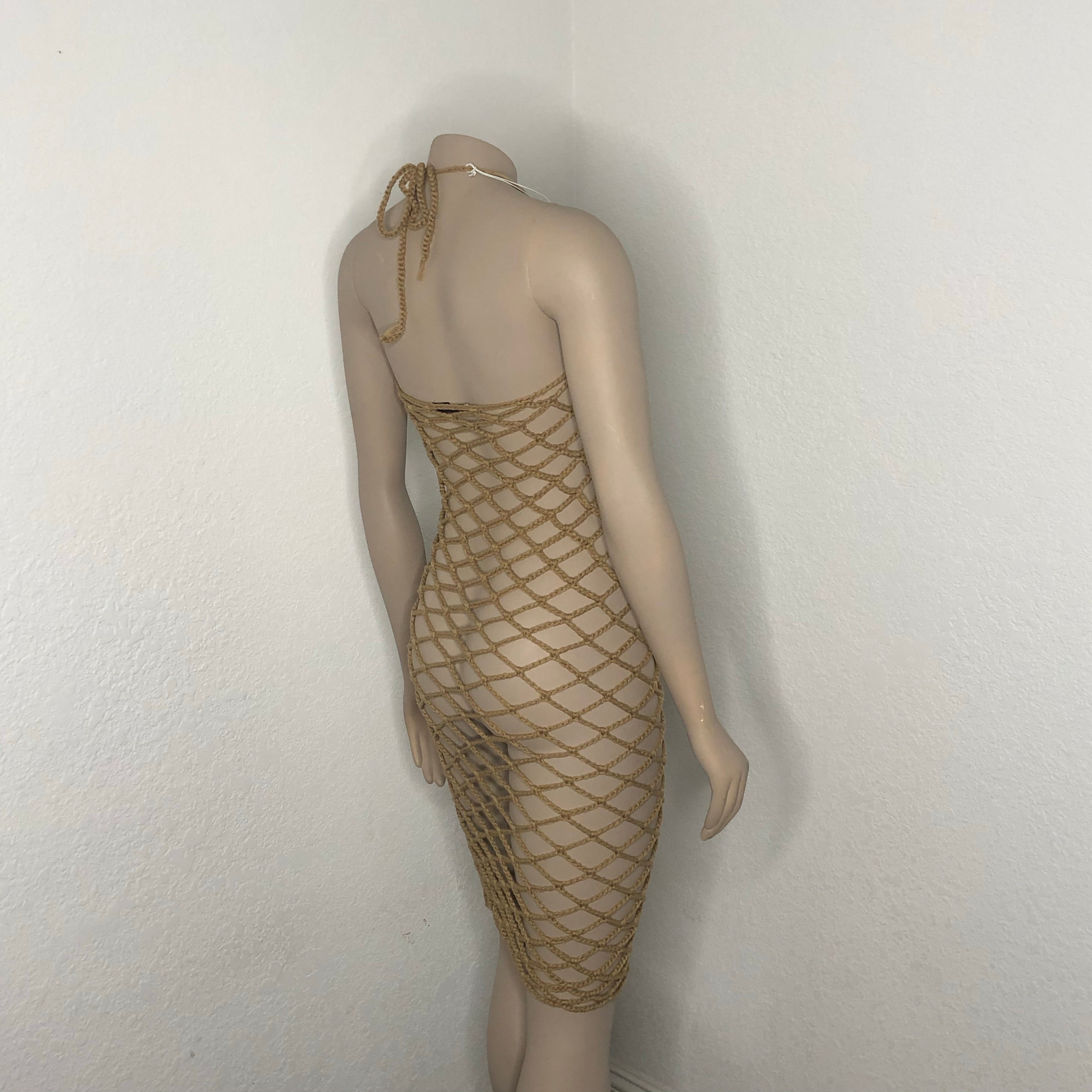 Beige Handmade Crochet Fishnet Cover-Up Dress Nikita Naomi