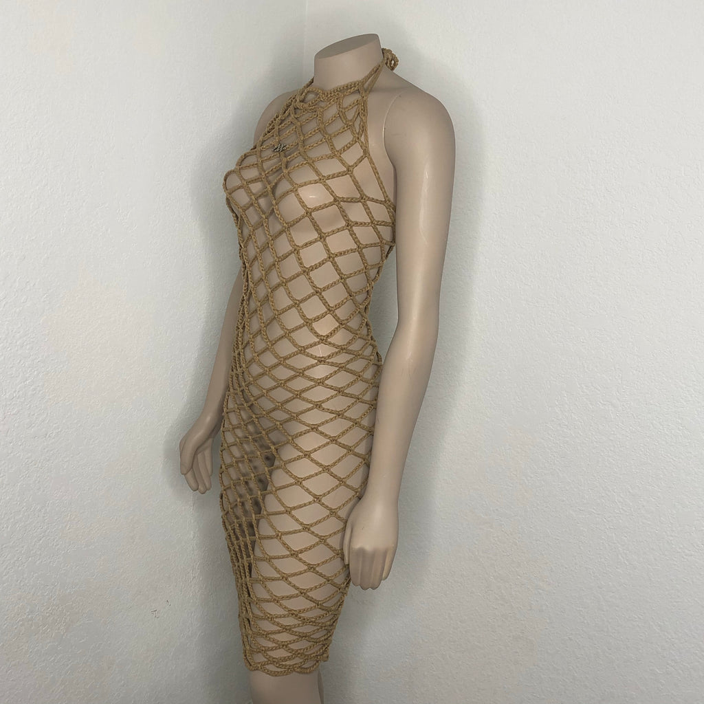 Beige Handmade Crochet Fishnet Cover-Up Dress Nikita Naomi