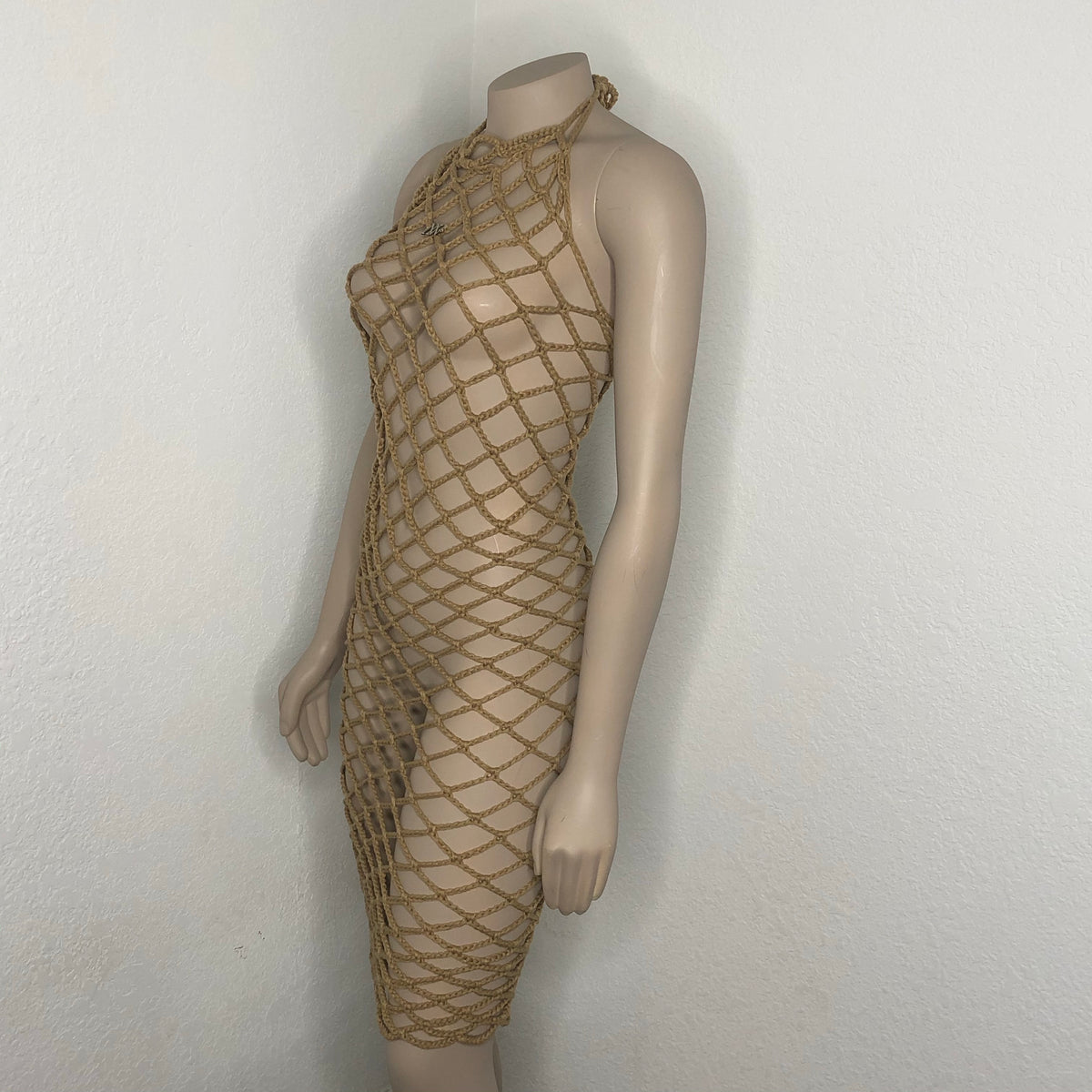Beige Handmade Crochet Fishnet Cover-Up Dress Nikita Naomi