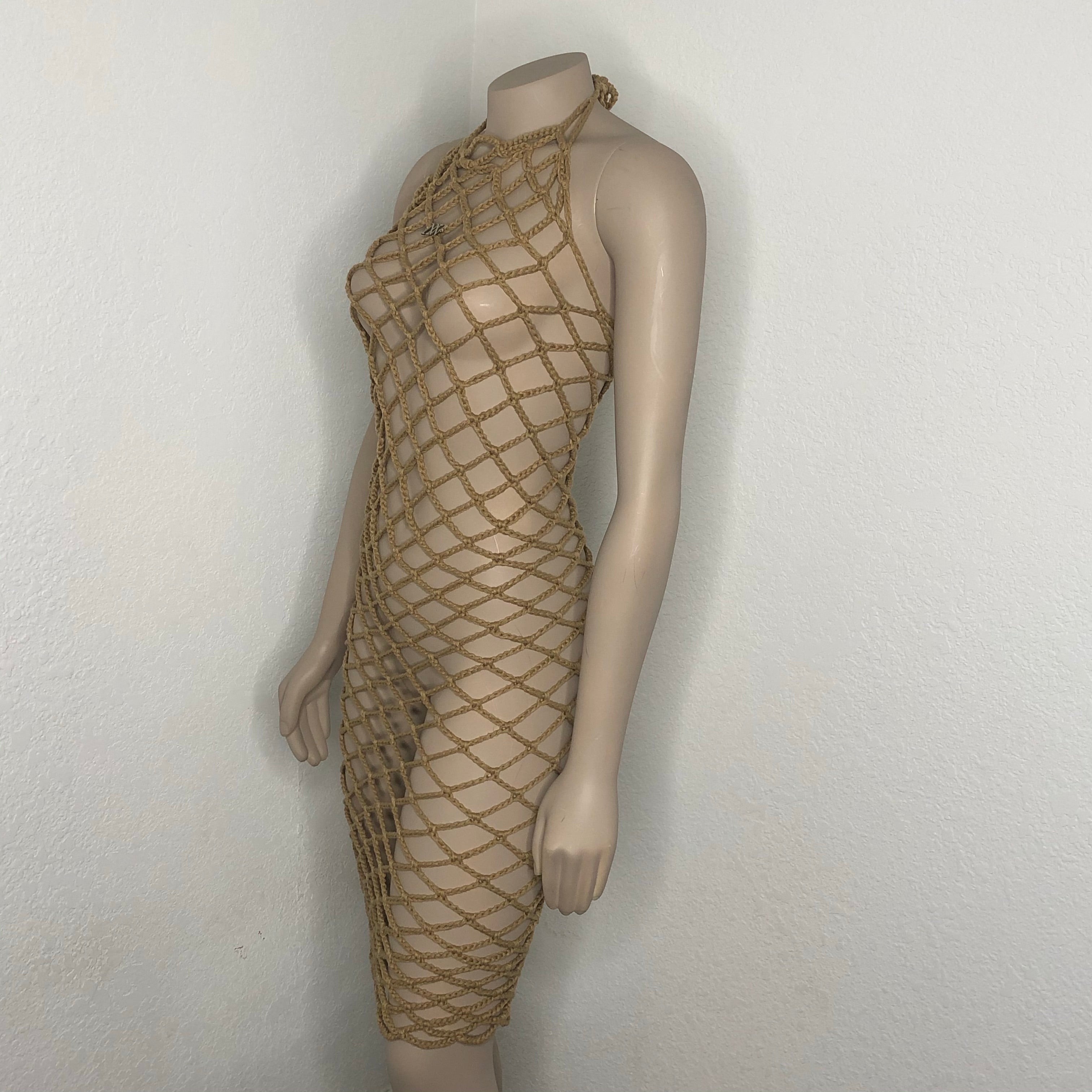 Beige Handmade Crochet Fishnet Cover-Up Dress Nikita Naomi