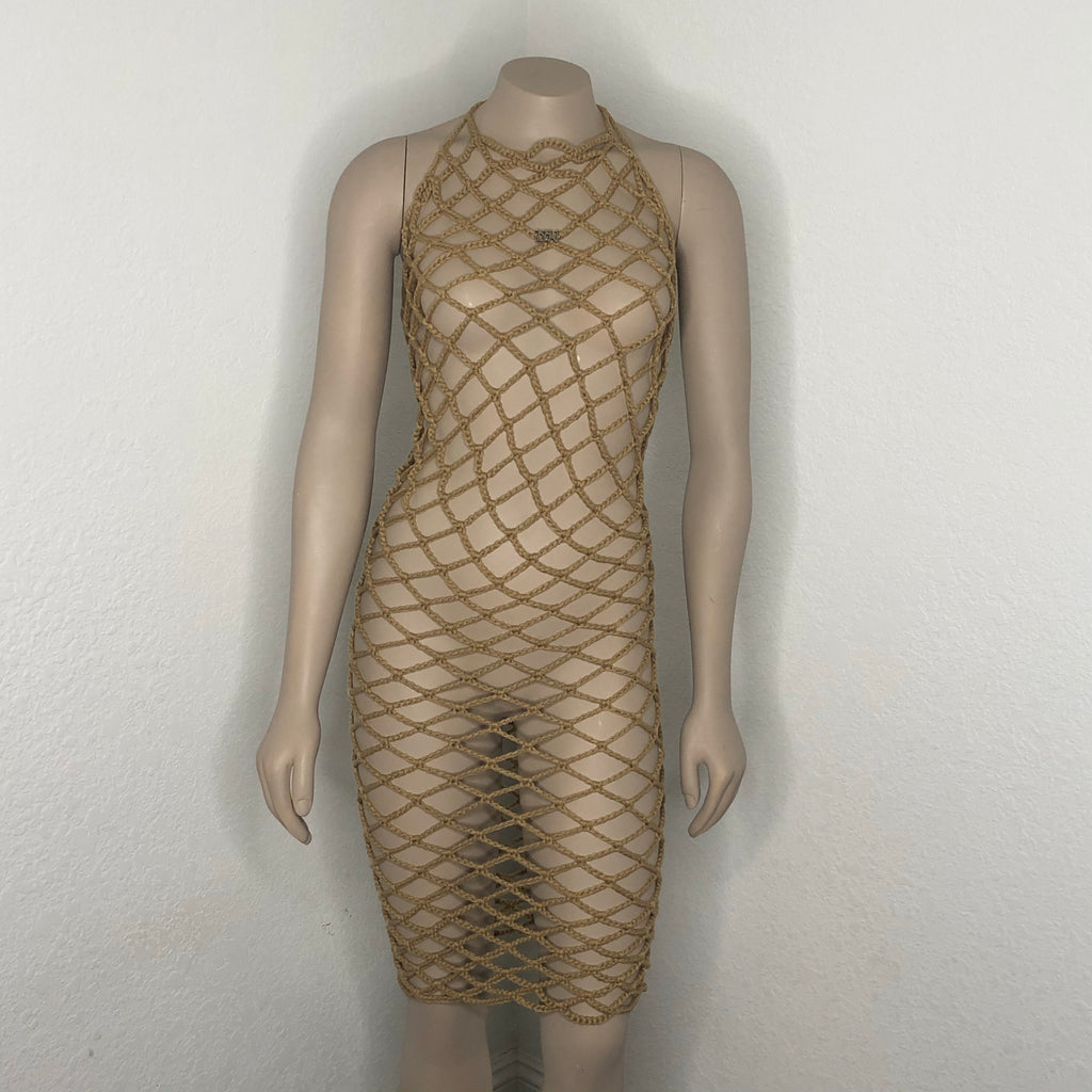Beige Handmade Crochet Fishnet Cover-Up Dress Nikita Naomi