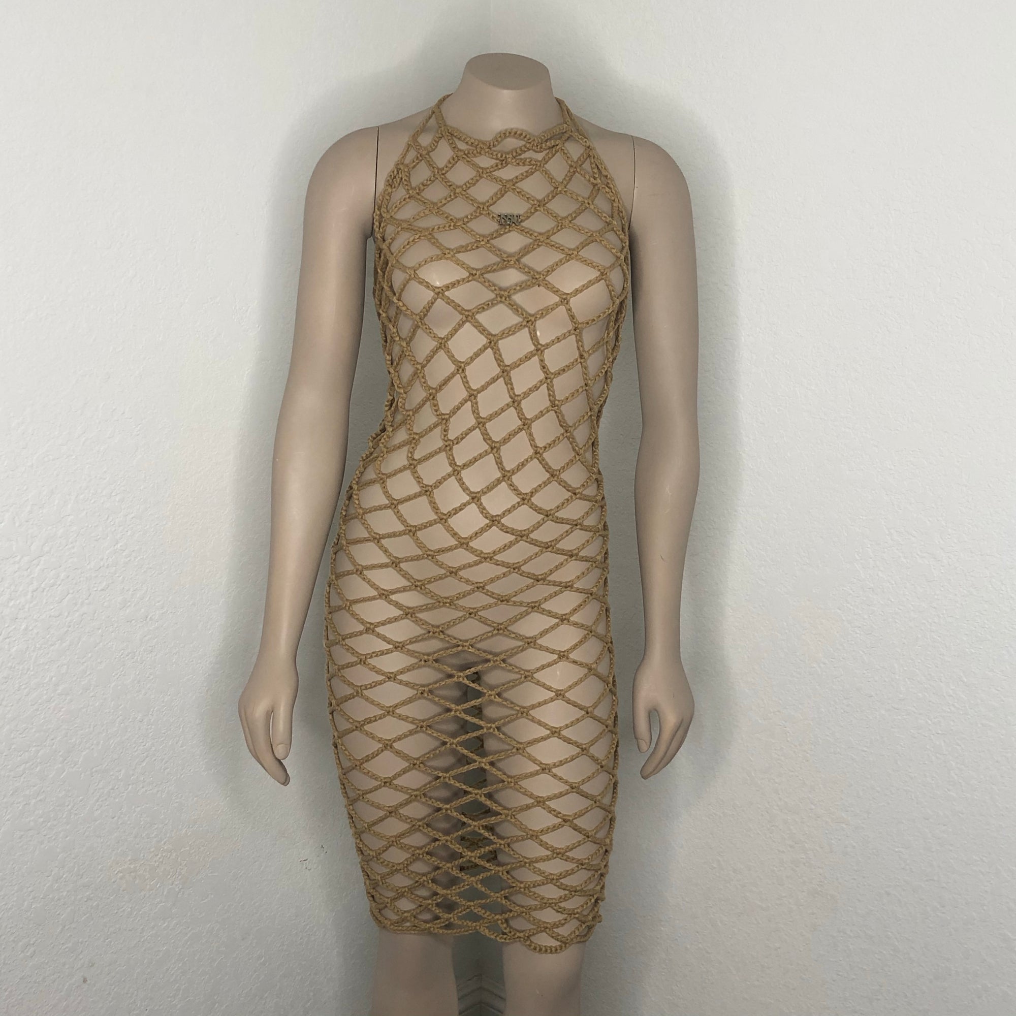 Beige Handmade Crochet Fishnet Cover-Up Dress Nikita Naomi