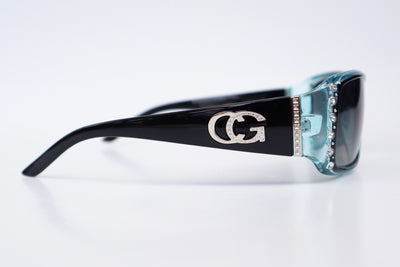 VG Women's Rhinestone Sunglasses Translucent Blue and Black Frame with Black Lens