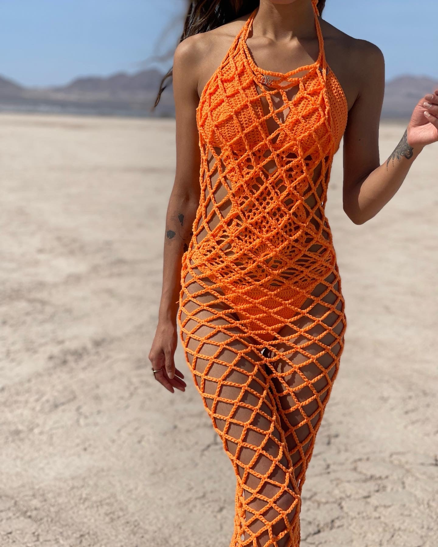 Orange Crochet Fishnet Beachwear Dress by Nikita Naomi