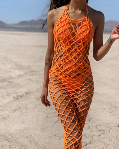 Nikita Naomi Orange Handmade Crochet Fishnet Beachwear Dress One Size