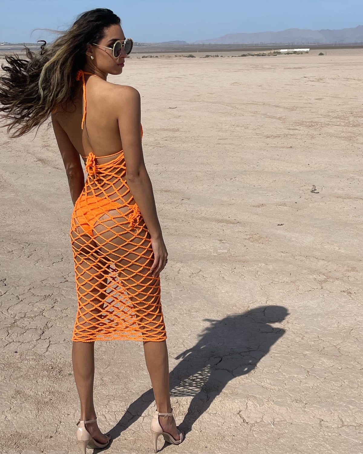 Orange Crochet Fishnet Beachwear Dress by Nikita Naomi