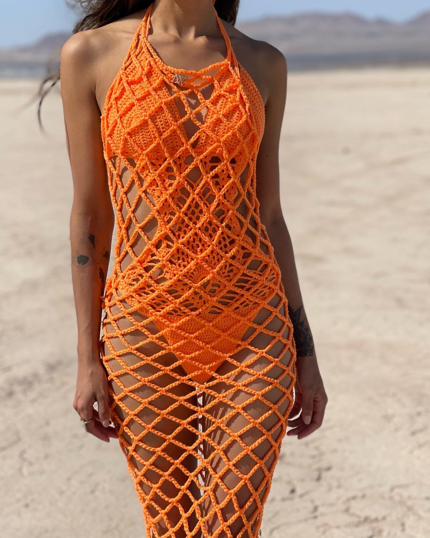 Orange Crochet Fishnet Beachwear Dress by Nikita Naomi