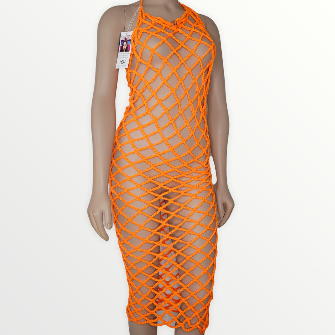 Orange Crochet Fishnet Beachwear Dress by Nikita Naomi