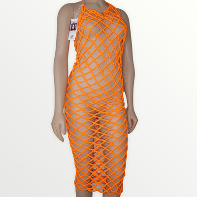 Nikita Naomi Orange Handmade Crochet Fishnet Beachwear Dress One Size